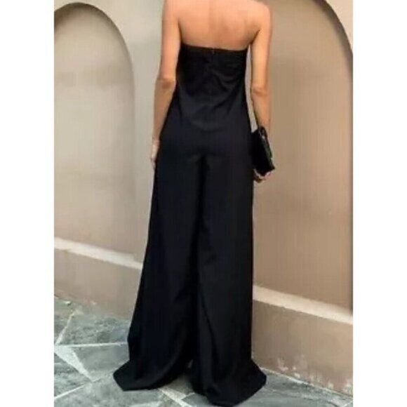 Zara Black Linen blend Super Wide Leg Strapless Jumpsuit  Blogger S - Picture 4 of 10